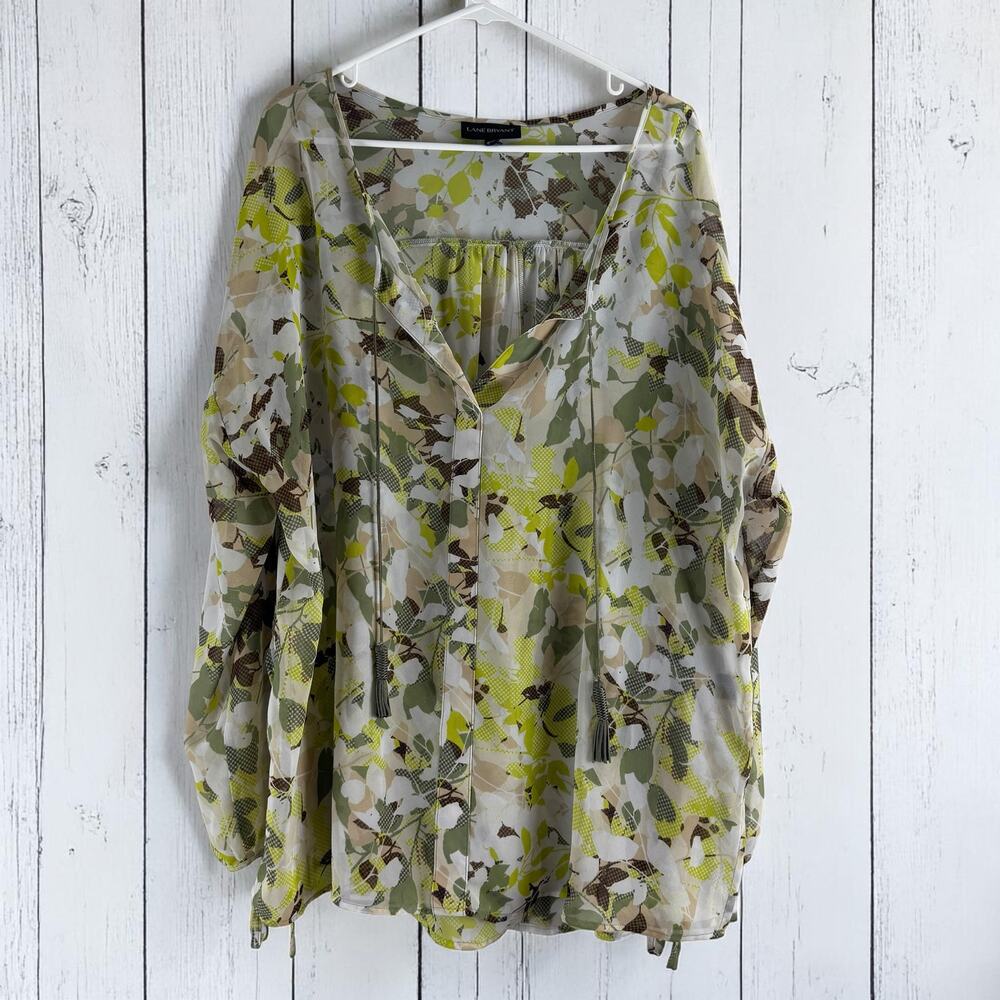 Lane Bryant Floral Boho Blouse 18/20 Sheer Tassel Tie Lightweight